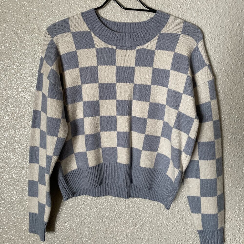 NWT Super Soft Light Blue Checkered Sweater - XS